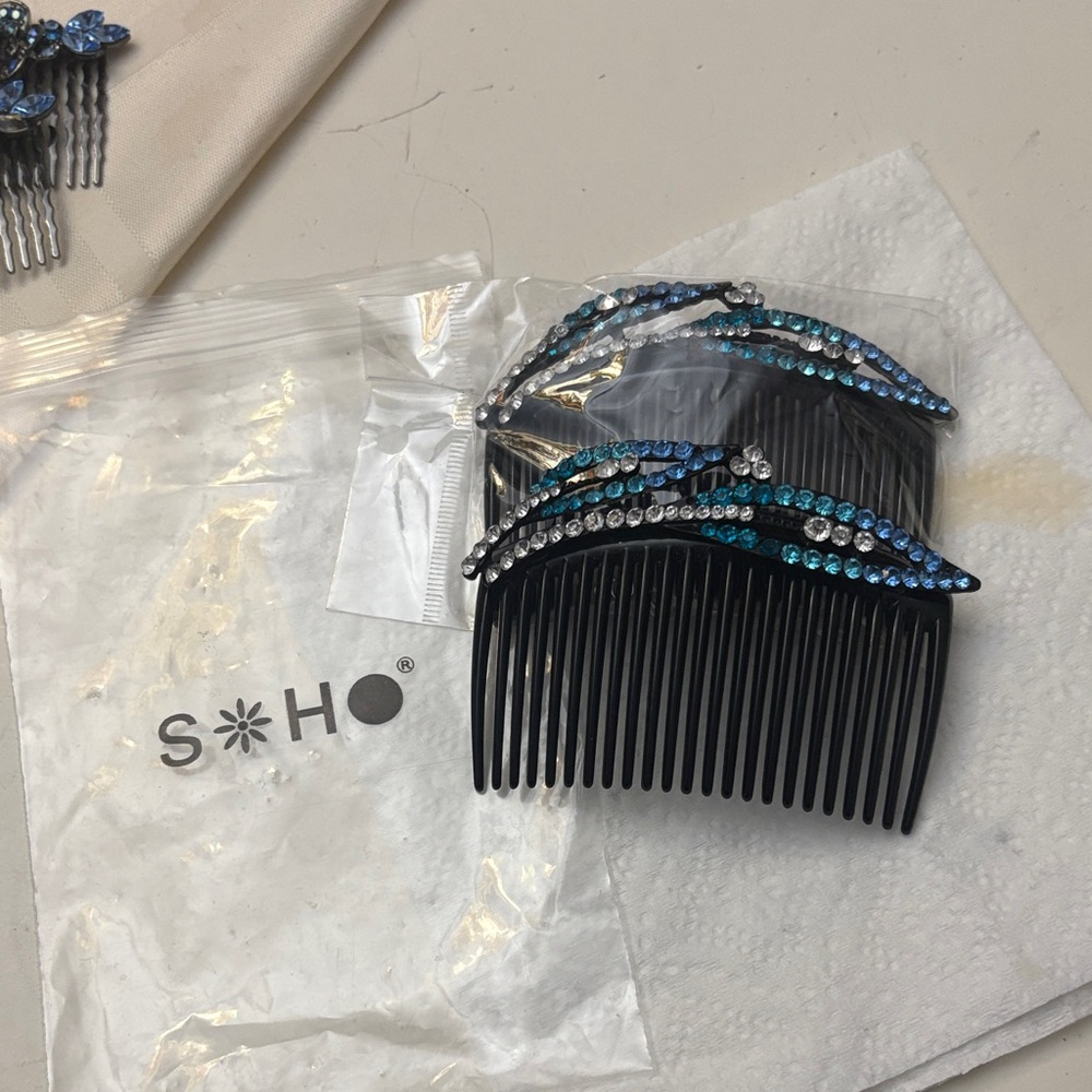 Soho Black Hair Comb with Blue and Silver Crystals
